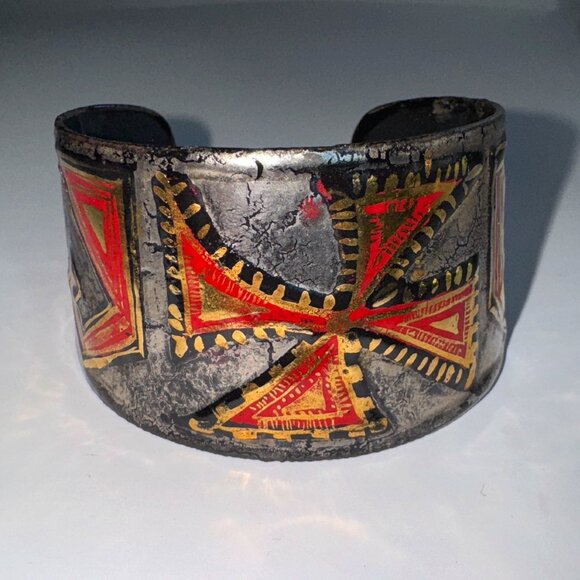 Metal Artisan Made Cuff Bracelet Maltese Cross Signed Black Silver Gold & Red - Picture 2 of 7